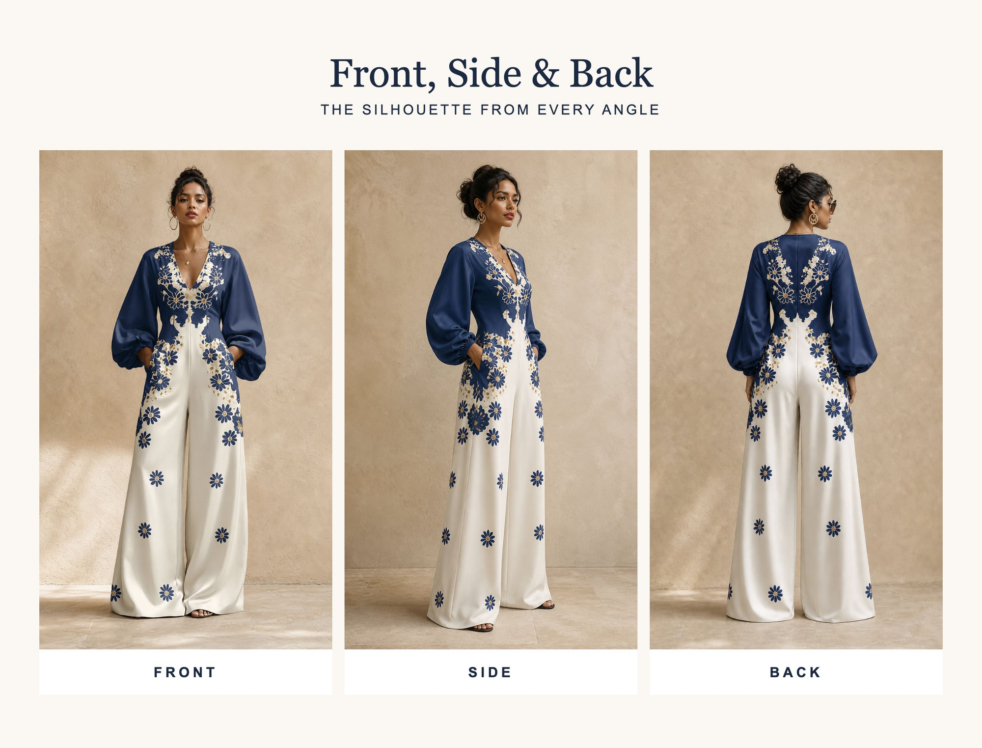 Pockets Flower Print Elasticity Contrast Color Wide Leg Long Sleeves V-neck Jumpsuits