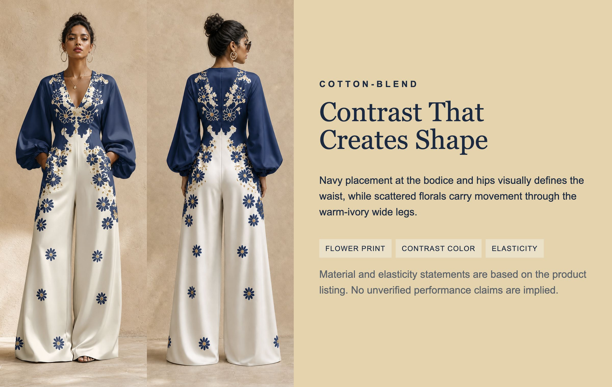 Pockets Flower Print Elasticity Contrast Color Wide Leg Long Sleeves V-neck Jumpsuits