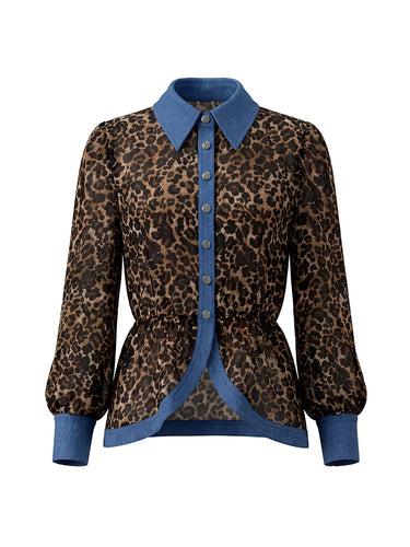 Long Sleeves Puff Sleeves Buttoned Contrast Color Leopard Pleated Split-Joint Lapel Blouses&Shirts Tops