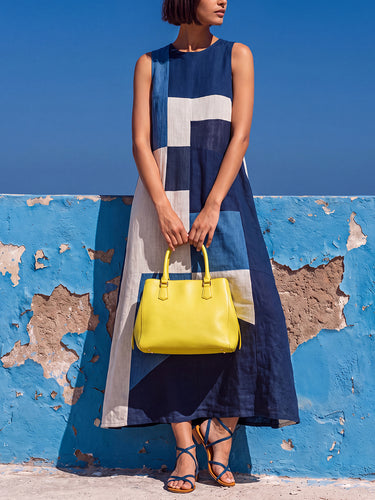 A-Line Loose Contrast Color Pockets Split-Joint Round-Neck Maxi Dresses