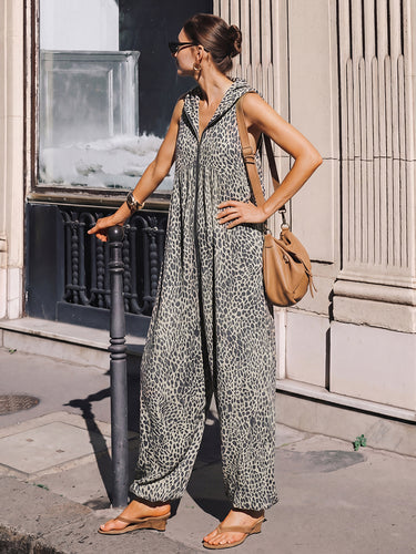 Hoog getailleerde losse contrasterende kleur luipaard geplooide zakken Split-joint ritssluiting Enkelbandjes met capuchon Jumpsuits