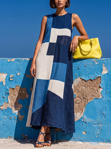 A-Line Loose Contrast Color Pockets Split-Joint Round-Neck Maxi Dresses