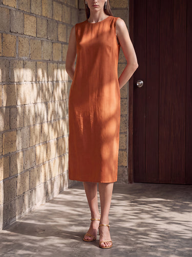 Loose Sleeveless Pockets Solid Color Round-Neck Midi Dresses