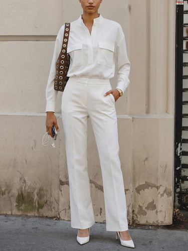 Solid Color Long Sleeves Buttoned Stand Collar Blouses&shirts Tops + Pleated Pockets High Waisted Pants Trousers Two Pieces Set