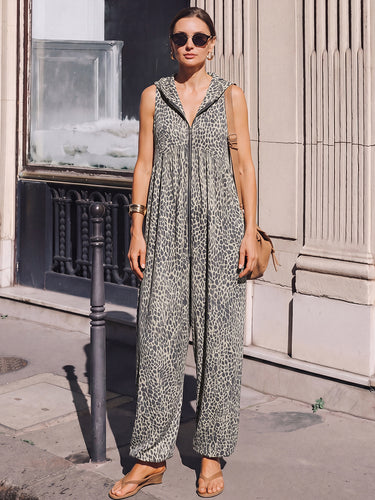 Hoog getailleerde losse contrasterende kleur luipaard geplooide zakken Split-joint ritssluiting Enkelbandjes met capuchon Jumpsuits