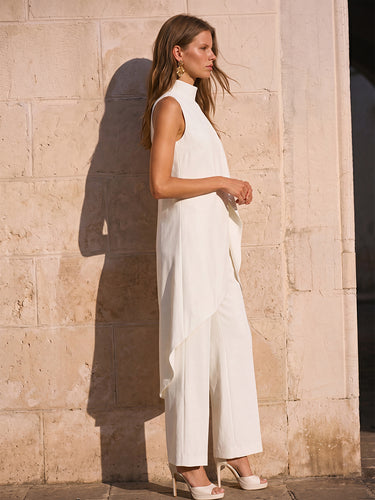 Effen blouses met col en asymmetrische zoom&SHirts top + broek met hoge taille, tweedelige set