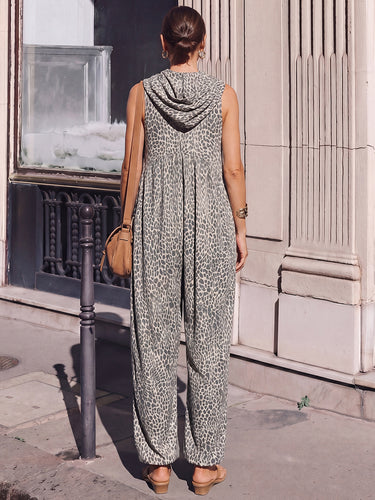 Hoog getailleerde losse contrasterende kleur luipaard geplooide zakken Split-joint ritssluiting Enkelbandjes met capuchon Jumpsuits