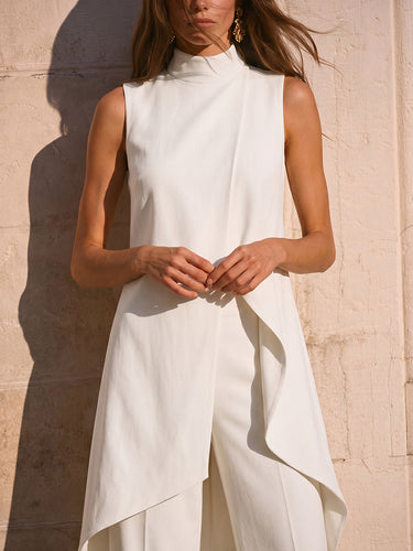 Effen blouses met col en asymmetrische zoom&SHirts top + broek met hoge taille, tweedelige set