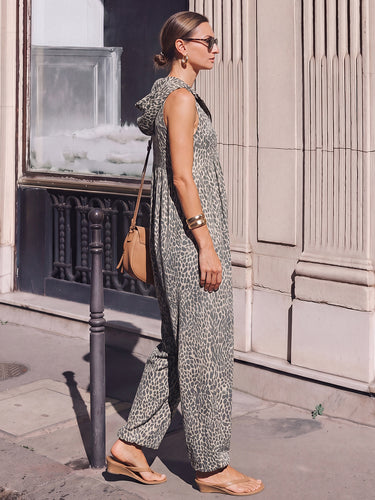 Hoog getailleerde losse contrasterende kleur luipaard geplooide zakken Split-joint ritssluiting Enkelbandjes met capuchon Jumpsuits