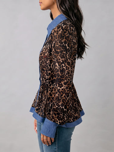 Long Sleeves Puff Sleeves Buttoned Contrast Color Leopard Pleated Split-Joint Lapel Blouses&Shirts Tops