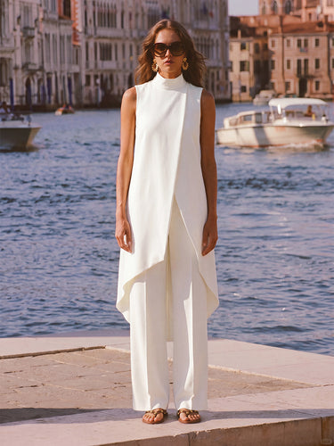 Effen blouses met col en asymmetrische zoom&SHirts top + broek met hoge taille, tweedelige set