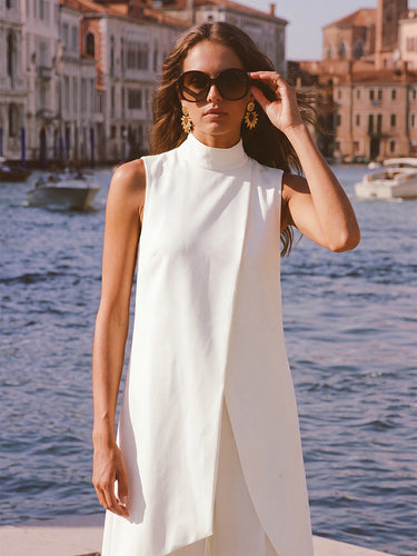 Effen blouses met col en asymmetrische zoom&SHirts top + broek met hoge taille, tweedelige set